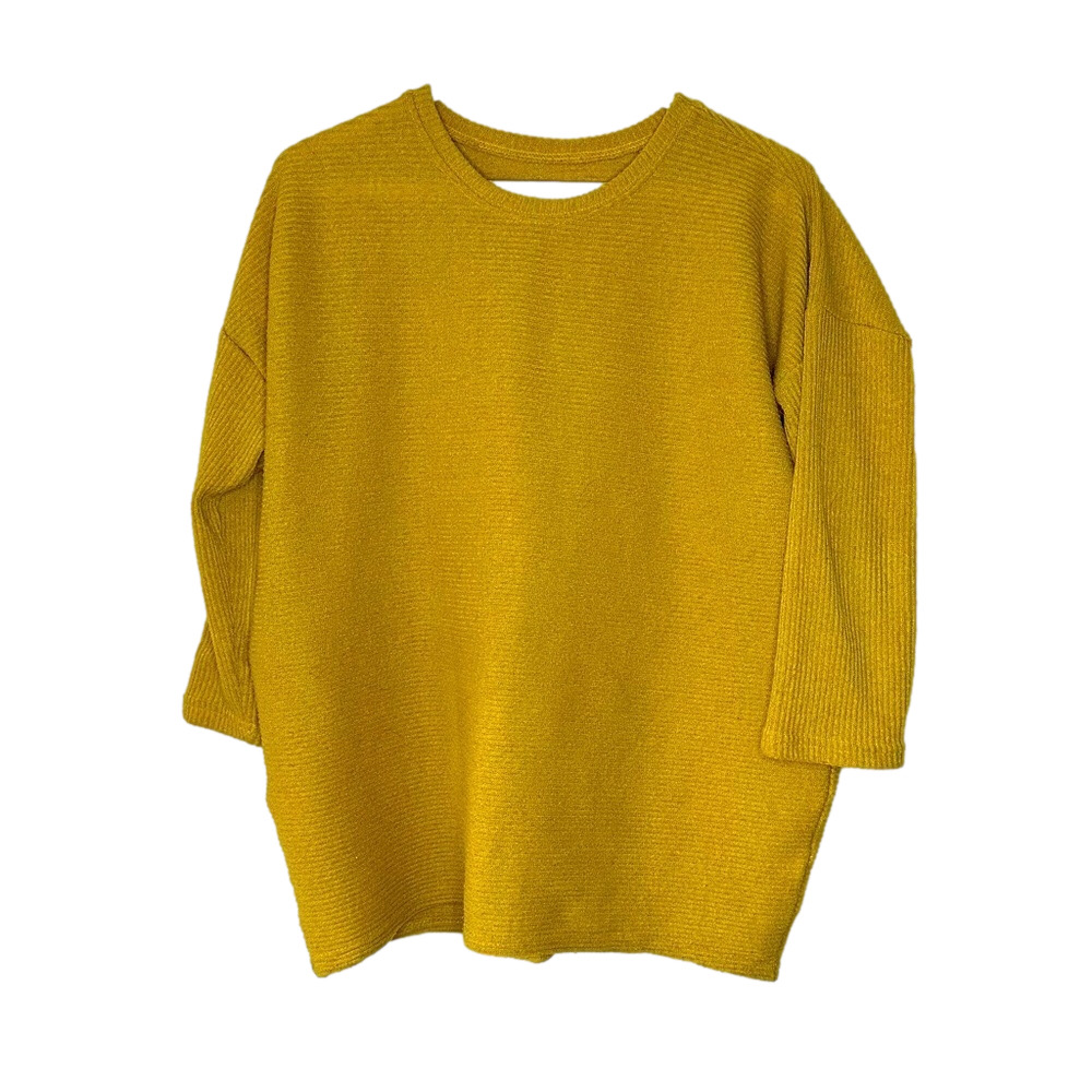 Ribbed Crewneck Sweater Oversized Boxy 3/4 Sleeve Mustard Yellow Size Large